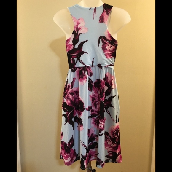 Floral Print Slinky Racerback Baby Blue Dress F. - Picture 6 of 8